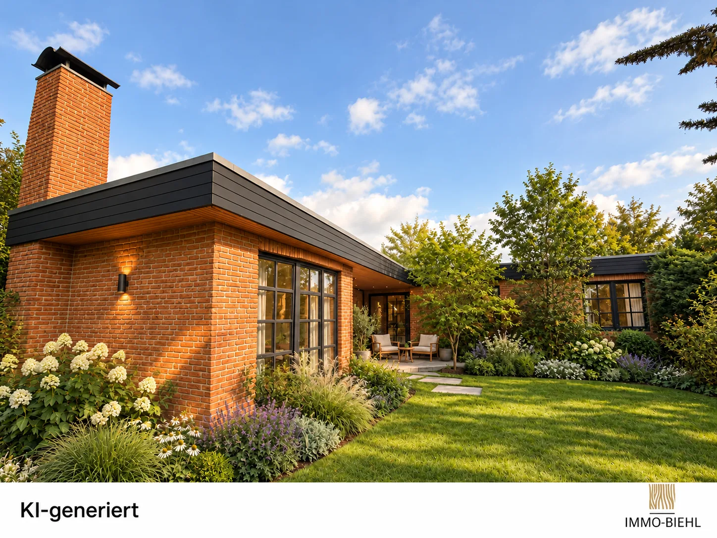KI-Visualisierung: Gartenansicht des Bungalows