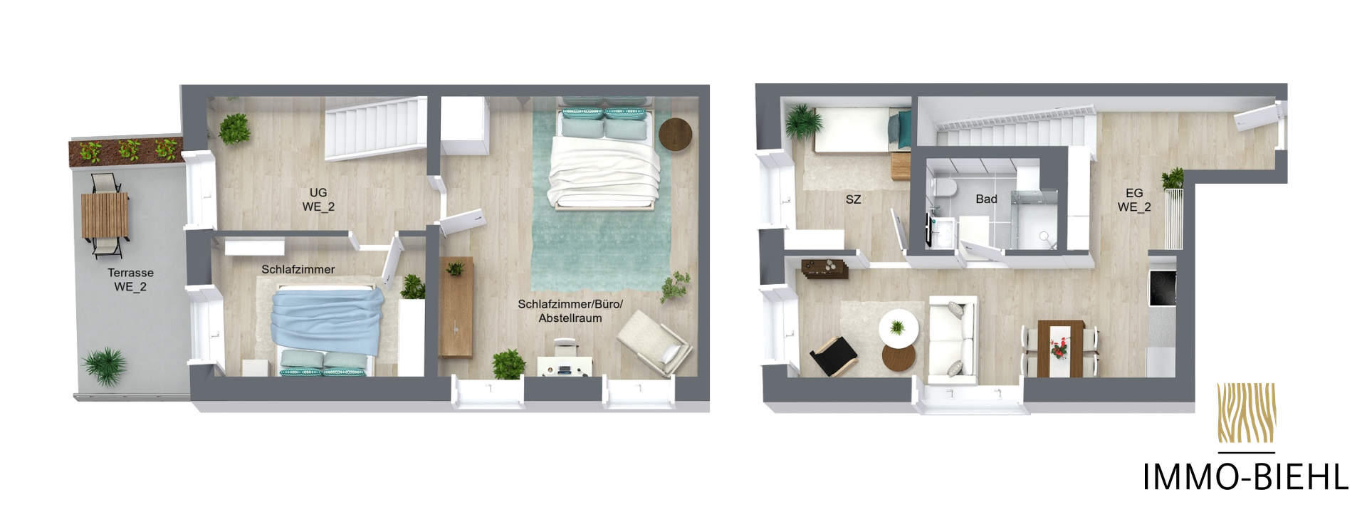 Möblierter Grundriss von Wohnung 2 im Neubauprojekt Moorlage 1