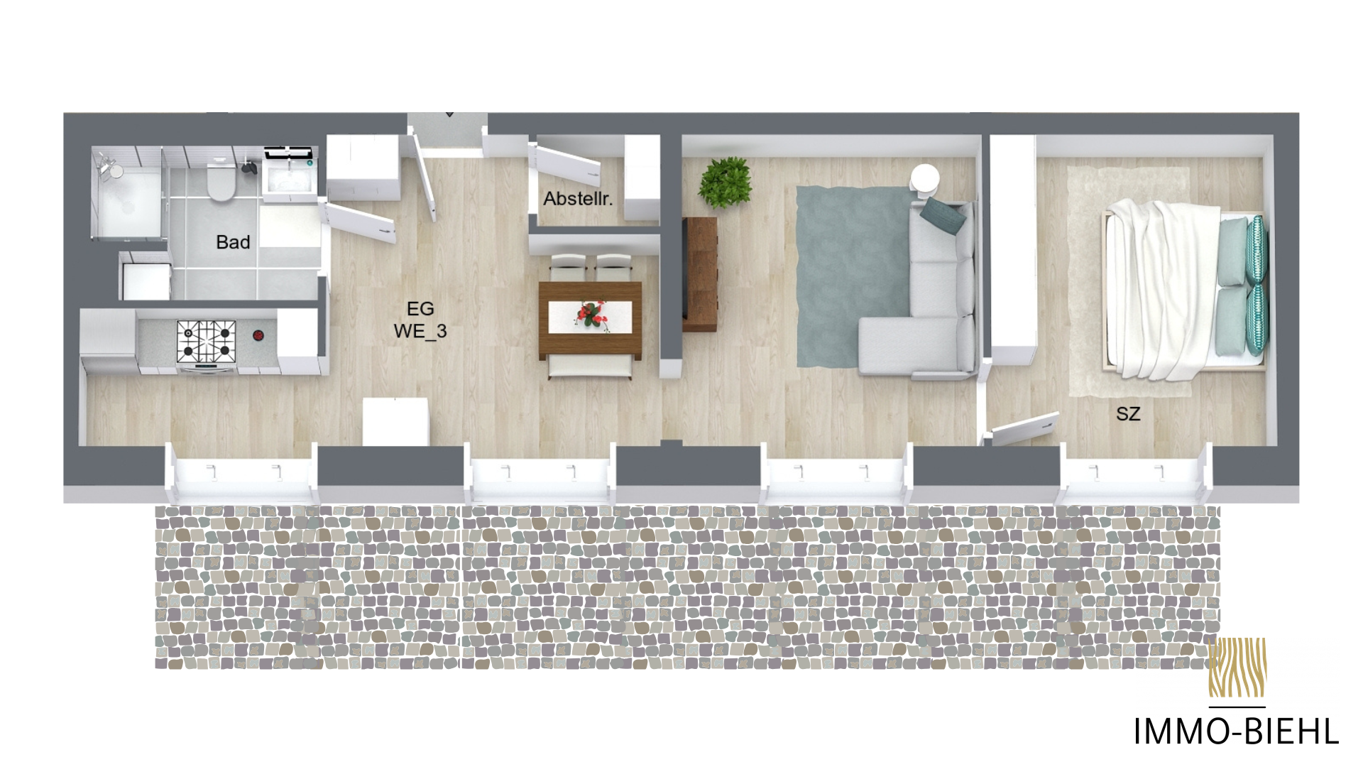 Möblierter Grundriss von Wohnung 3 im Neubauprojekt Moorlage 1