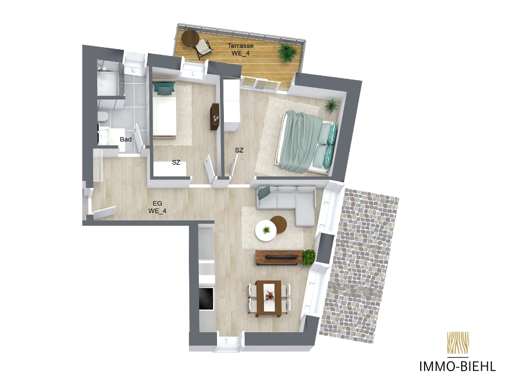 Möblierter Grundriss von Wohnung 4 im Neubauprojekt Moorlage 1