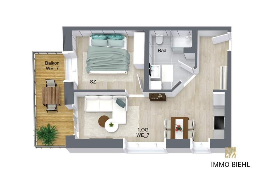 Möblierter Grundriss von Wohnung 7 im Neubauprojekt Moorlage 1