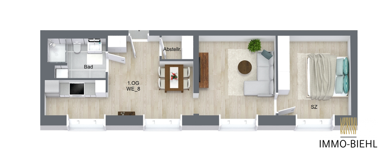 Möblierter Grundriss von Wohnung 8 im Neubauprojekt Moorlage 1
