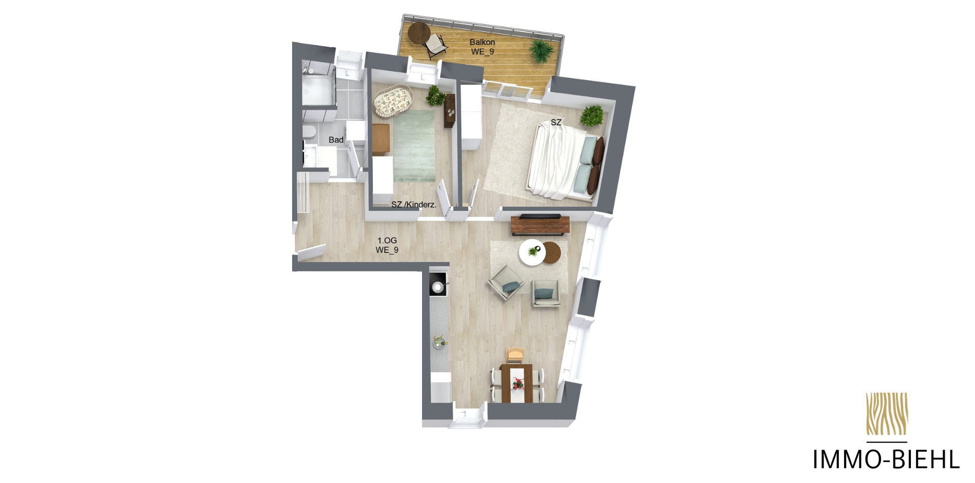 Möblierter Grundriss von Wohnung 9 im Neubauprojekt Moorlage 1