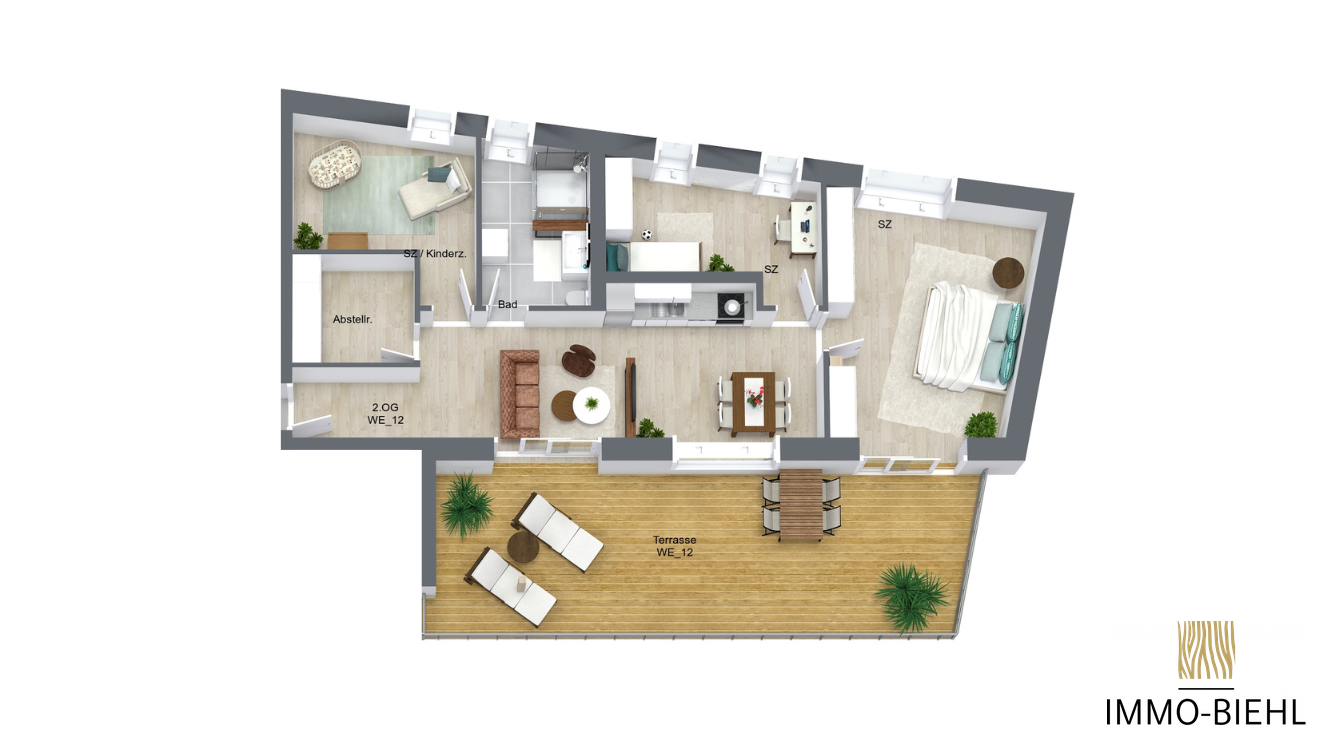 Möblierter Grundriss von Wohnung 12 im Neubauprojekt Moorlage 1